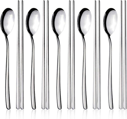 IQCWOOD Spoons and Chopsticks Set, 5 Pairs Stainless Steel Flat Chopsticks, 5 Set Korean Spoons, Metal Reusable Chop Sticks Dishwasher Safe for Home, Kitchen or Restaurant