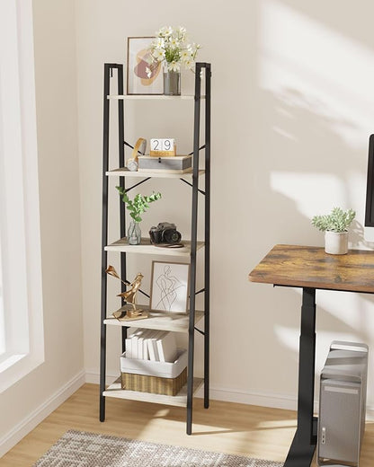 Ladder Shelf, Bookshelf Bookcase, Freestanding Corner Storage Shelve with 2 Hooks for Home Office, Living Room, Kitchen, Bedroom, Industrial, 5-Tier Greige BC19205B