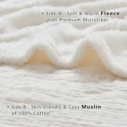 EMME White Throw Blanket Muslin and Fleece Blanket for Women Reversible - 50"*60" Soft & Cozy Warm Lightweight Small Blankets for Couch Bed Picnic Travel Bed