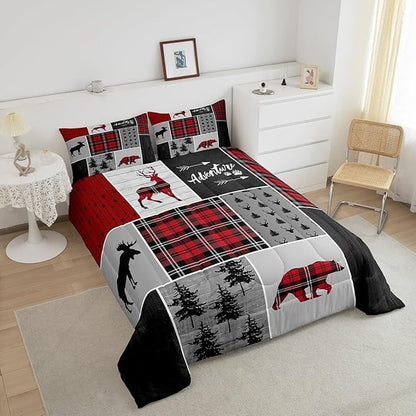 Deer Antlers Bear Kids Comforter Set Queen Size,Plaids Boho Arrows Patchwork Bedding Set for Boys Girls Adults Room Decor,Rustic Adventure Xmas Down Comforter,Red Retro Duvet Insert,2 Pillowcases