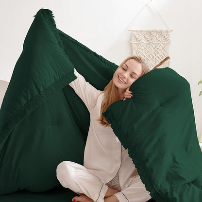 Andency Dark Emerald Green Comforter Set California King, Cal King Boho Lightweight Bedding Comforter Sets, 3 Pieces Oversized All Season Soft Tassel Bed Set (104x96In Comforter & 2 Pillowcases)