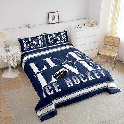 Feelyou Ice Hockey Bedding Set King Size Ice Sports Games Comforter Set for Kids Boys Girls Decor Hockey Player Comforter Microfiber Puck Hockey Duvet Set Bedroom Quilt Set