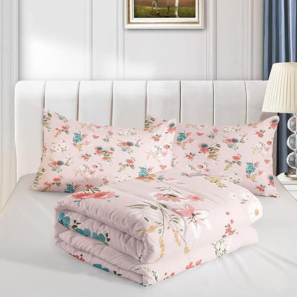Floral Comforter Twin Size,Pink Floral Kids Comforter Set,3Pcs Bedding Set Printed Comforter with 2 Pillowcases,Down Alternative,Soft and Lightweight,for All Seasons