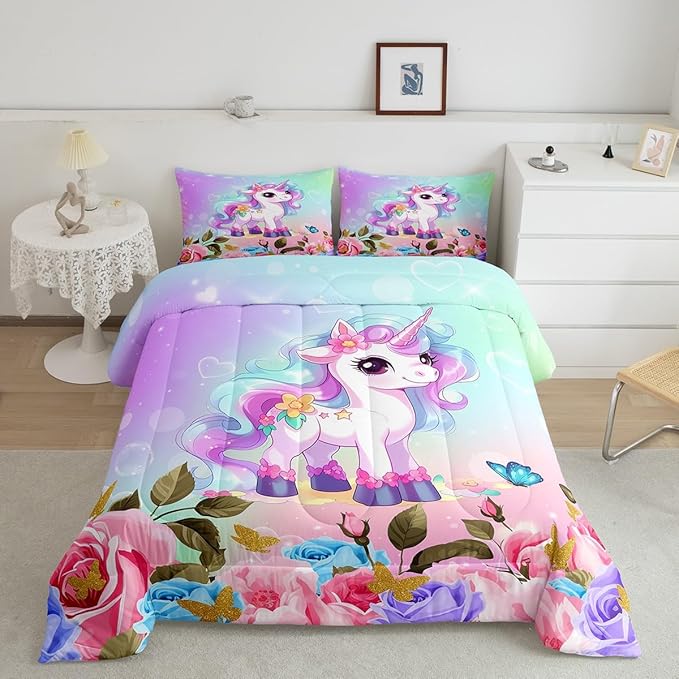 Cartoon Unicorn Kids Comforter Set King Size,Rose Flowers Butterfly Leaves Bedding Set,Girls Women Room Decor,Starry Sky Unicorn Cute Down Comforter,Pink Purple Romantic Duvet Insert,2 Pillowcases