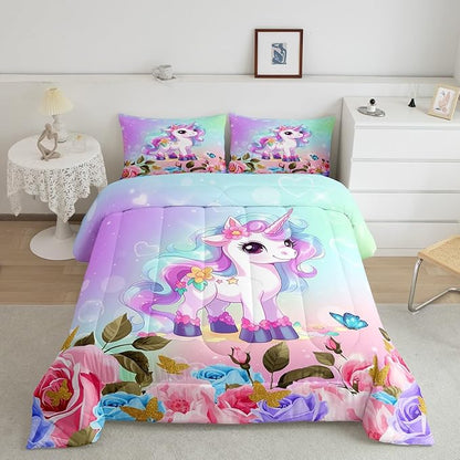Cartoon Unicorn Kids Comforter Set King Size,Rose Flowers Butterfly Leaves Bedding Set,Girls Women Room Decor,Starry Sky Unicorn Cute Down Comforter,Pink Purple Romantic Duvet Insert,2 Pillowcases