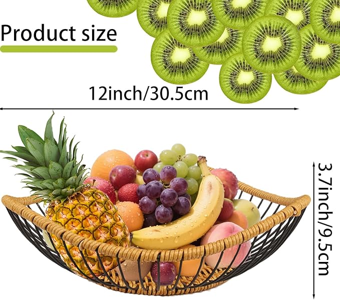 Vine Woven Iron Fruit Bowl, Metal Wire Fruit Basket, Vegetable Drain Basket, Storage Baskets for kitchen counter, countertop,Snacks, Candy, Bread,Cosmetics,Table decorative(12 x 3.7 Inches)