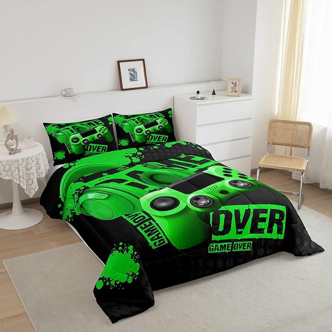 Feelyou Gamer Comforter Sets for Boys Teens Gaming Comforter King Size Kids Video Game Comforter Set Green Black Room Decor Headphone Gamepad Bedding Set Reversible Quilt for All Season 3Pcs Boys