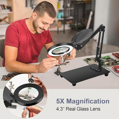 Magnifying Glass with Light with Base Controler, 5 Color Modes Stepless Dimmable LED Lighted Desk Lamp,Magnifying Glass with Light and Stand, Hands-Free Desk Magnifier Light for Craft Hobby Painting