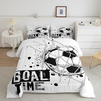 Erosebridal Kids Football Comforter Set Full Size American Soccer Bedding Set Sports Games Duvet Sets for Boys Girls Children Teens Geometric Polygon Down Comforter for Bedroom, Black White