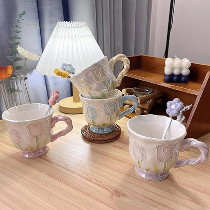 DTIUYIOP-Ceramic Coffee Mug 14oz/410ml Blue Cute Flower with Spoon | a funky coffee mug, Novelty Cute Ceramic,Lead-Free Gloss Glazed,DrinkingCup, Ideal Gift for Birthday Holiday