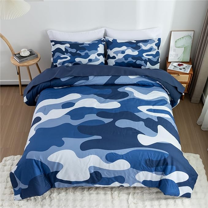 Meeting Story Camouflage Bedding Set, Colorful Pattern Style Comforter Set, 5 PCS One Comforter Two Pillowcases Two Sheets in One Bag, All Season Bedspread for Teens Adults (Navy,Twin 5Pcs)