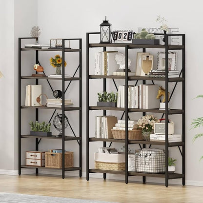 FATORRI 5 Tier Industrial Bookshelf, Rustic Etagere Bookcase for Display, Vintage Shelving Unit Wood and Metal Tall Book Shelves for Home Office (Walnut Brown)