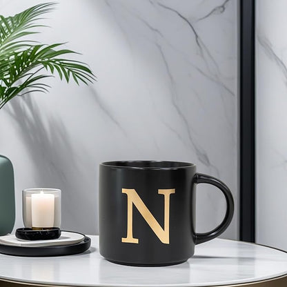 COLLECTIVE HOME - Monogram Ceramic Mugs, 15 oz Golden Initial Black Coffee Cups, Elegant Alphabet Tea Mugs, Elegant Personalized Mug with Gift Box, Unique Mug with Double Side Capital Lette (N)