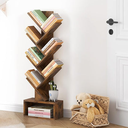 Hoctieon 6 Tier Tree Bookshelf, Tall Bookcase with Drawer, Freestanding Book Shelf, Display Floor Standing Storage Shelf, Book Organizer Shelves for Home Office, Rustic Brown