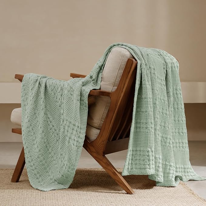 PHF 100% Cotton Waffle Weave Throw Blanket, Soft Lightweight Breathable Cozy Summer Throws for Couch Bed Sofa, Luxury Aesthetic Woven Blanket for Home Decor & Office, 50"x60", Sage Green