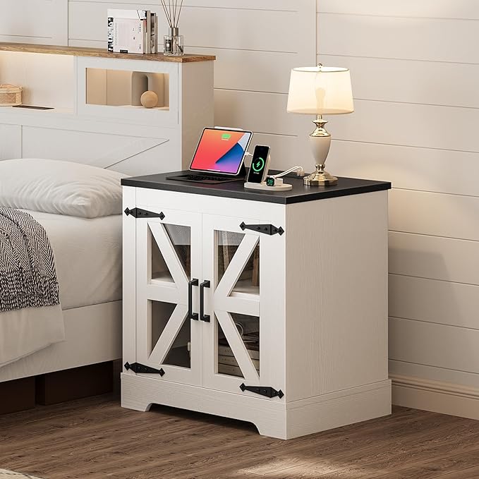 Farmhouse Side Table - 24" Large Night Stand Set 2, Wood Nightstand with Charging Station, Bedside Table with Adjustable Shelf, End Tables Living Room, Rustic Bed Side Tables Bedroom, White
