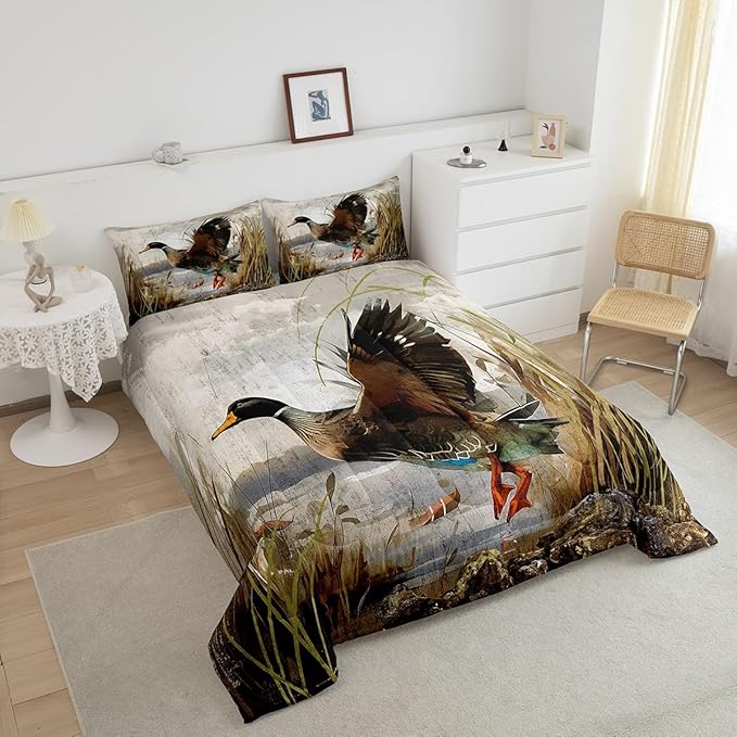 Mallard Duck Bedding Set Boys Girls Wild Duck Hunting Comforter Set for Kids Women Men Soft Lodge Cabin Farmhouse Comforter Quilt Room Decor Twin Size Duvet Set Boys