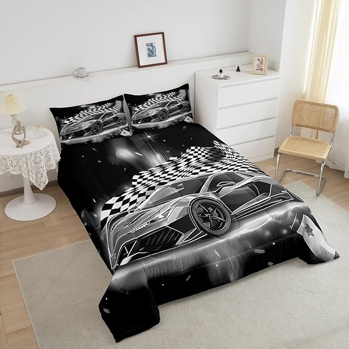 Feelyou Racing Car Comforter Set, Cool Speed Race Car Down Comforter Twin for Kids Boys Girls Teens Bedroom, Automobile Extreme Sport Bedding Set Plaid Checkered Duvet Sets with 1 Pillowcase,Grey