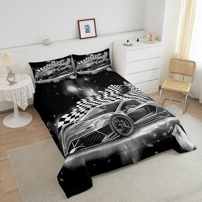 Racing Car Comforter Set, Cool Speed Race Car Down Comforter Full for Kids Boys Girls Teens Bedroom, Automobile Extreme Sport Bedding Set Plaid Checkered Duvet Sets with 2 Pillowcases,Grey