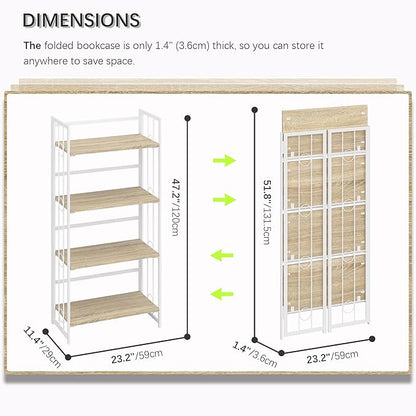 4NM No-Assembly 4 Tiers Folding Bookshelf Storage Shelves Vintage Bookcase Standing Racks Study Organizer Home Office - Natural and White