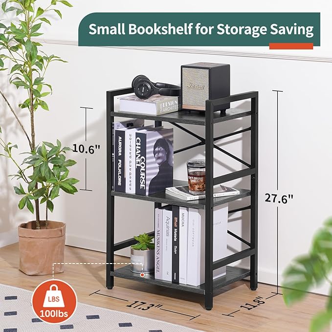 Yoobure Bookshelf Small Book Shelf, Solid Industrial 3 Tier Shelf Bookcase, Short Book Case for Bedroom, Living Room, Office Home, Small Spaces, Charcoal Gray