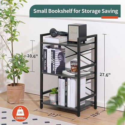 Yoobure Bookshelf Small Book Shelf, Solid Industrial 3 Tier Shelf Bookcase, Short Book Case for Bedroom, Living Room, Office Home, Small Spaces, Charcoal Gray
