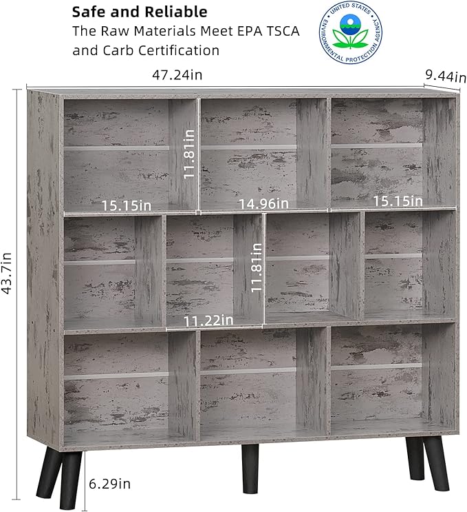 LEYAOYAO 10 Cube Bookshelf,3 Tier Modern Wide Bookcase with Legs,Mid-Century Wood Bookshelves Storage，Retro Grey Large Book Case,Freestanding Organizer Display Shelf for Bedroom,Living Room,Office