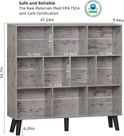 LEYAOYAO 10 Cube Bookshelf,3 Tier Modern Wide Bookcase with Legs,Mid-Century Wood Bookshelves Storage，Retro Grey Large Book Case,Freestanding Organizer Display Shelf for Bedroom,Living Room,Office