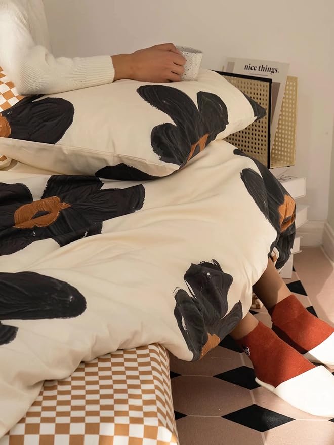 Black and White Comforter Set Black Floral Bedding Twin Comforter Set Hand-Drawn Flowers Cotton Women Modern Elegant Chic Quilts Blankets Lightweight Black Flower Reversible Bed Comforter Set