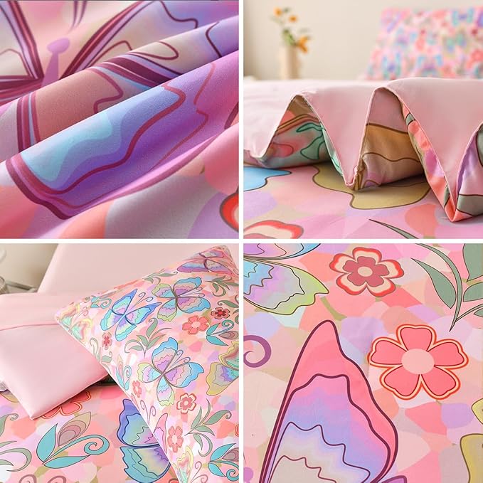 Butterfly Bedding Set Full, Pink Butterfly Comforter Set for Girls Kids Teens 6 pcs Bed in a Bag Full Bedding Sets for Girls