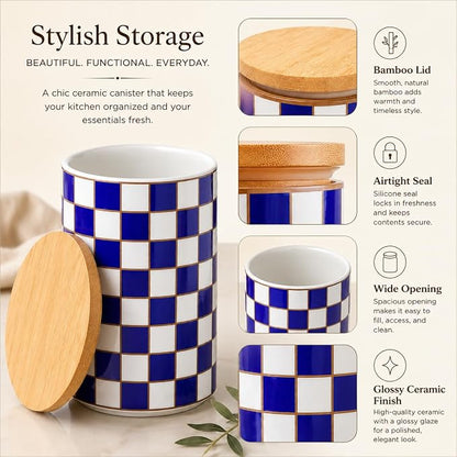 Kitchen Countertop Ceramic Checkered Canisters,Black And White Food Storage Containers With Lid,Airtight Kitchen Canisters for Flour, Sugar, Coffee, Tea, and Dry Goods (Blue, XL)