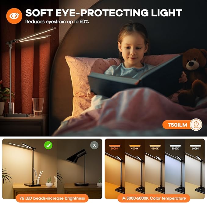 RealPlus Desk Lamp with USB Charging Port & 【Adapter】, 17IN Tall LED Desk Lamps for Home Office, 10W Double Head Desk Lamp with Pen Holder, Memory Function/10 Brightness/5 Colors/Reading Mode/Timer