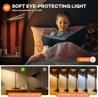 RealPlus Desk Lamp with USB Charging Port & 【Adapter】, 17IN Tall LED Desk Lamps for Home Office, 10W Double Head Desk Lamp with Pen Holder, Memory Function/10 Brightness/5 Colors/Reading Mode/Timer