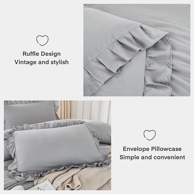 Andency Silver Gray Comforter Set King, 3 Pieces Farmhouse Shabby Chic Ruffle Comforter, Lightweight Fluffy Soft Microfiber All Season Solid Bed Comforter Set (1 Ruffle Comforter & 2 Pillowcases)