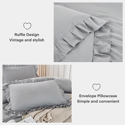 Andency Silver Gray Comforter Set King, 3 Pieces Farmhouse Shabby Chic Ruffle Comforter, Lightweight Fluffy Soft Microfiber All Season Solid Bed Comforter Set (1 Ruffle Comforter & 2 Pillowcases)