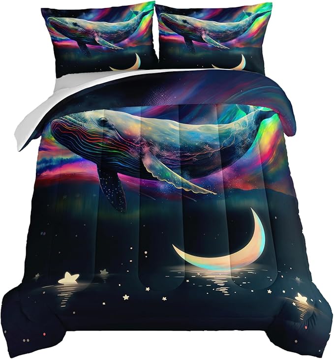HOSIMA 3D Whale Galaxy Bedding Comforter Sets,Stars Moon Comforter Starry Room Decor Aesthetics,Ocean Theme Marine Life Whale Comforter with 2 Pillowcases Full Size Bed in a Bag Set for Adults Kids.