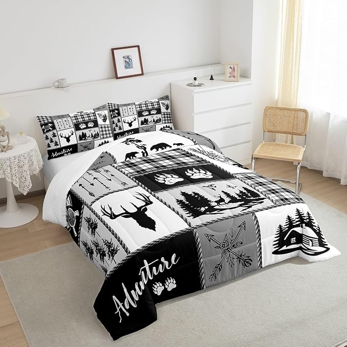 Manfei Deer Bear Comforter Set Twin Size,Pine Trees Christmas Bedding Set for Kids Boys Girls Adults Room Decor,Camping Adventure Rustic Farmhouse Down Comforter,Black Retro Duvet Insert,1 Pillowcase