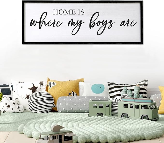 Home is Where My Boys are Sign Framed Wall Art, 40''×15'' Rustic Horizontal My Son Plaque with Black Frame for Baby Kid Boy Son Teen Toddlers Room, Horizontal Mom of Boys Gifts Nursery Decor