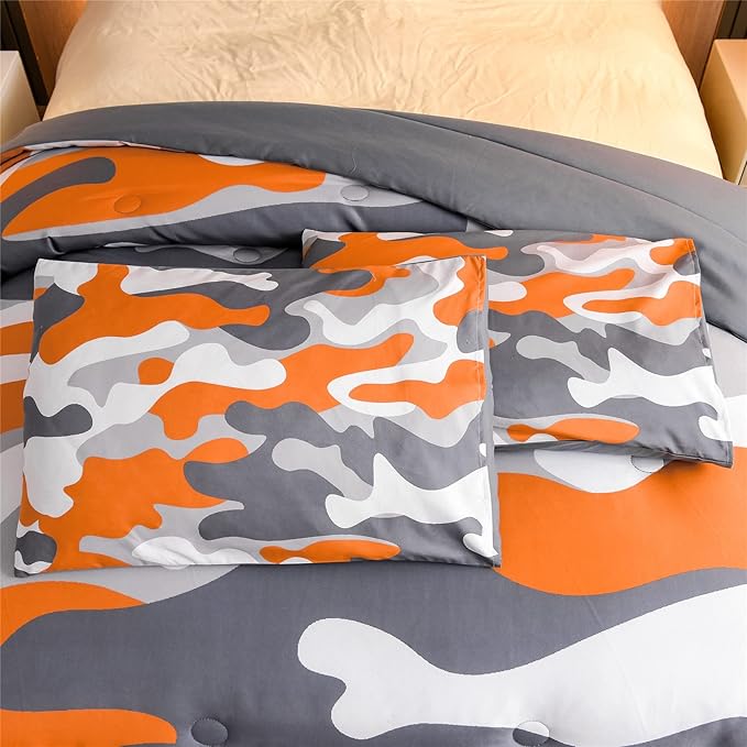 Meeting Story Kids Camo Bedding Set, Army Camouflage Bedding Twin Comforter Set for Boys Girls Teens Bedroom Decoration, 3Pcs (Orange, Full)