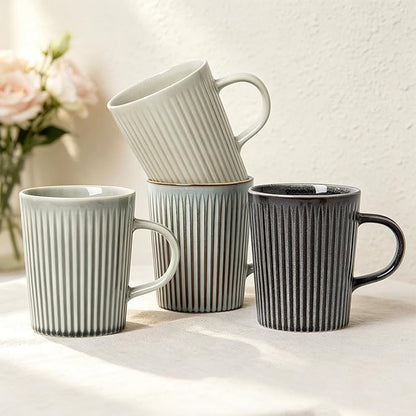 Coffee Mugs Set of 4, 18oz Large Striped Stoneware Coffee Cups with Handle | Handmade Ceramic Mugs Set for Women and Men, Dishwasher and Microwave Safe, Suitable for Hot Coffee, Tea, Cocoa, Milk, Glossy