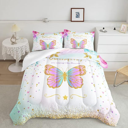 CVHOUSE Butterfly Bedding Set,Butterfly Comforter Full,Butterfly Comforter Set for Girls Kids Teens,Butterflies Quilt Set with 1 Comforter and 2 Pillow Cases- 3 Piece