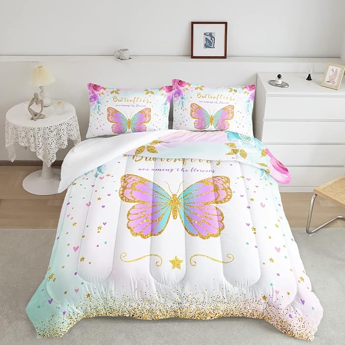 CVHOUSE Butterfly Bedding Set,Butterfly Comforter King,Butterfly Comforter Set for Girls Kids Teens,Butterflies Quilt Set with 1 Comforter and 2 Pillow Cases- 3 Piece