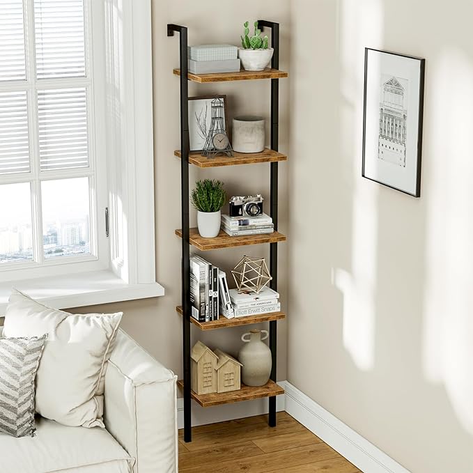 NUMENN Industrial Ladder Shelf, 5 Tier Book Shelf, Open Space Wall Mount Bookshelf with Metal Frame, Sturdy Book Shelves, Bookcase for Living Room, Vintage Brown