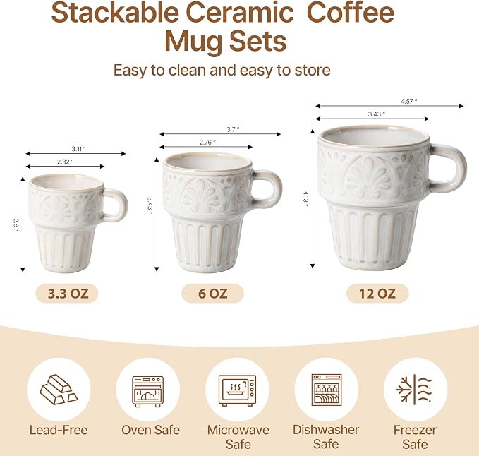 LYEOBOH Cappuccino Cups, Espresso Cups, Coffee Mugs Set of 6, Ceramic Cup, 6 OZ Beige Stackable Mug Set of 6, Easy To Clean Comfortable Handle for All Ages, Great for Party Dinner & Festival Gifts