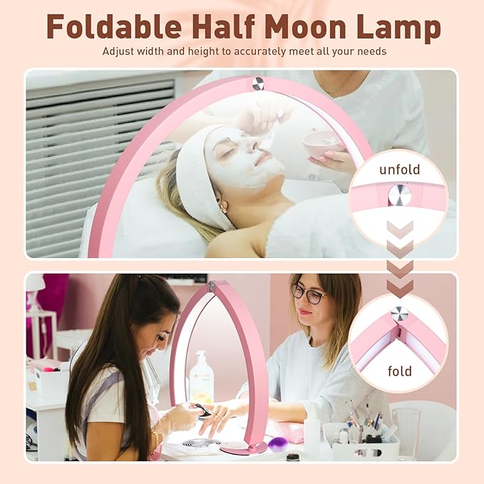 HITTI Half Moon Light for Nail Desk with Phone Holder, Foldable Nail Tech Light, Lash Table Lamp with Wire Controller & Remote, 7 Color Modes 10 Brightness for Extension Tattoo Craft Beauty - Pink