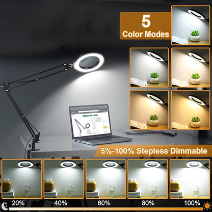 8X Large Magnifying Glass with Light and Stand, KRSTLV 2 x 16 Inch Swivel Arm LED Desk Lamp with Clamp, 5 Color Modes Stepless Dimmable Lighted Magnifier Hands Free for Close Work, Craft, Hobby, Black