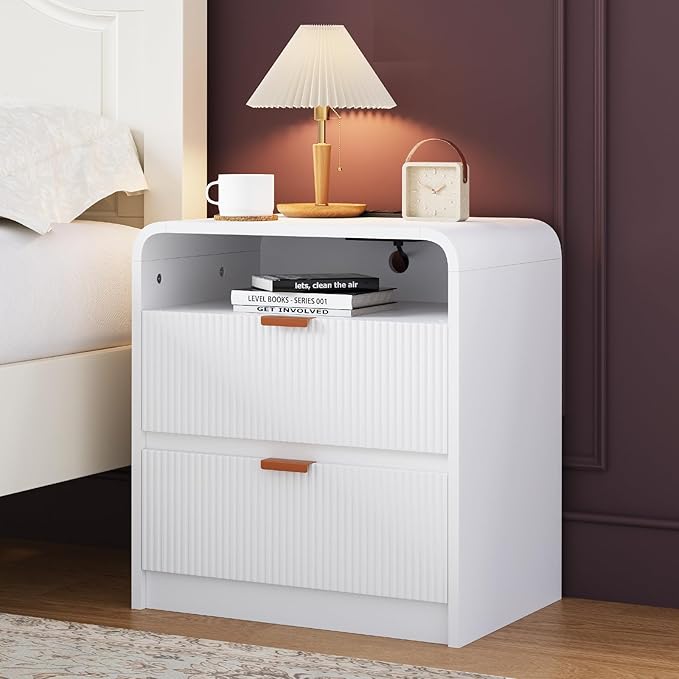 FURSUN 24" Fluted Nightstand Set of 2 with Charging Station, Wooden End Table with 2 Drawers Storage, Curved Profile Design, Modern Bedside Cabinet for Bedroom Living Room, White