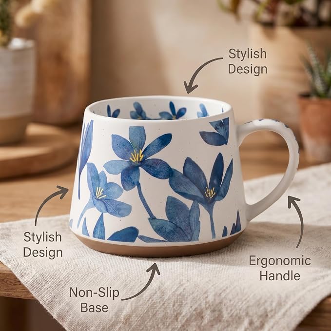 Ceramic Coffee Mug, 13oz Floral Design Pottery cute mugs, Ideal Gift for Women unique vintage pretty coffee mugs (Blue Bulky Flower Mug)