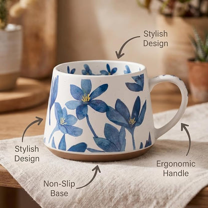 Ceramic Coffee Mug, 13oz Floral Design Pottery cute mugs, Ideal Gift for Women unique vintage pretty coffee mugs (Blue Bulky Flower Mug)