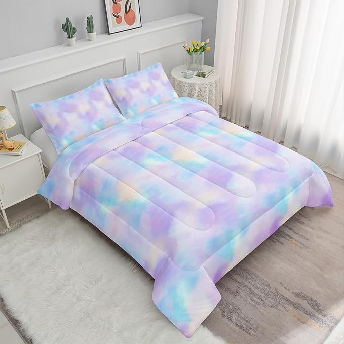 Axolotl Tie Dye Bedding Set Twin,Pink Blue Purple Comforter Set,Boho Psychedelic Bedding Colorful Tie Dye Pastel Comforter Set,Rainbow Bedding Set for Kids Girls Teens Women,1 Quilt 2 Pillowcases